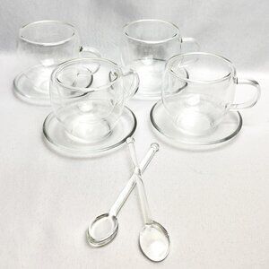 Set 4 Clear Glass Demitasse Cups Saucers Stirring Spoons Espresso Tea Minimalist